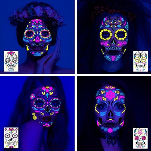 Miniatura 4 de 8 hojas de tatuajes faciales de neón del Día de los Muertos que brillan en la oscuridad, tatuajes temporales de esqueleto de Halloween, maquillaje