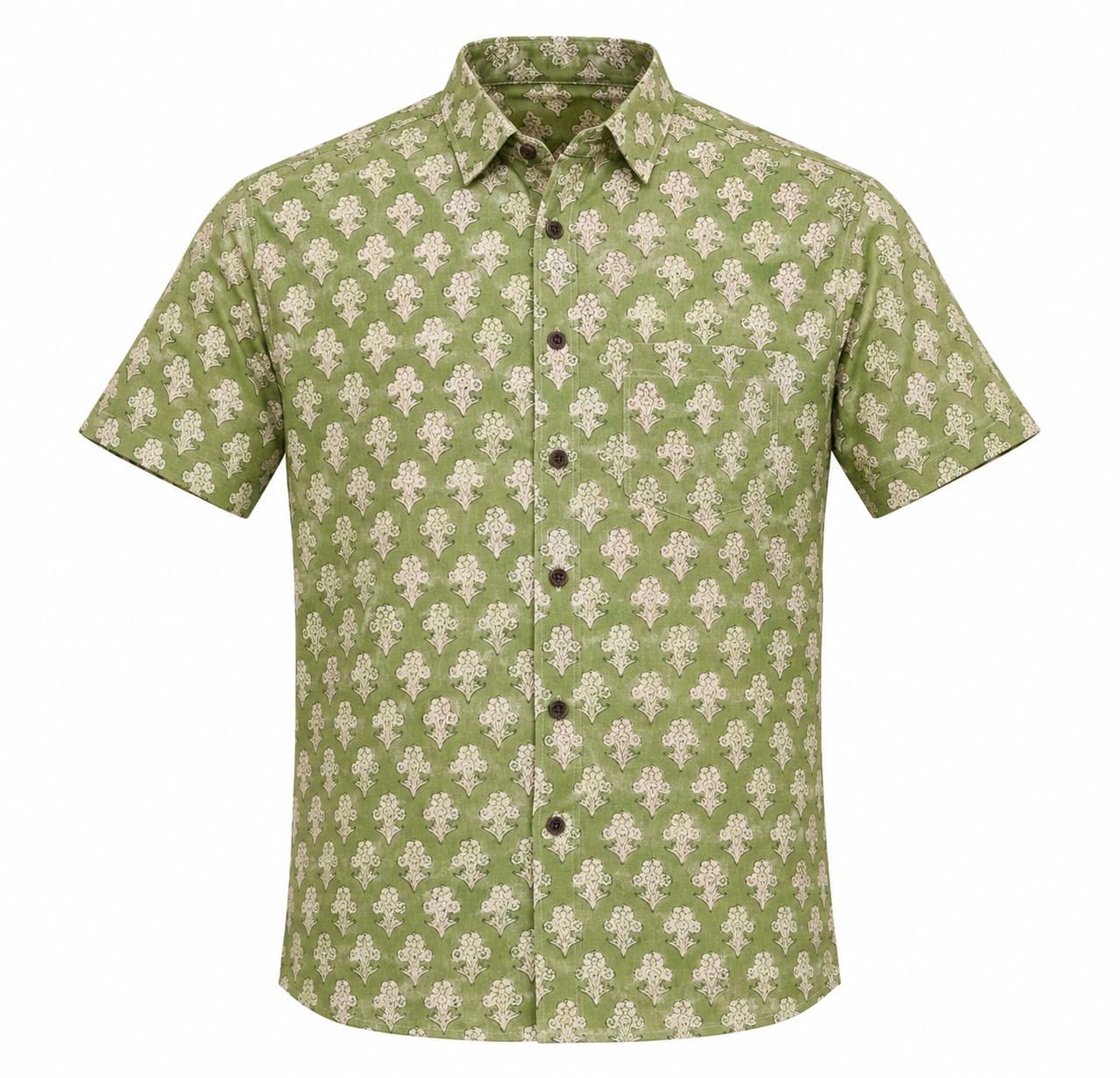 Men's Green Floral Block Print Short Sleeve Casual Shirt-picture-53