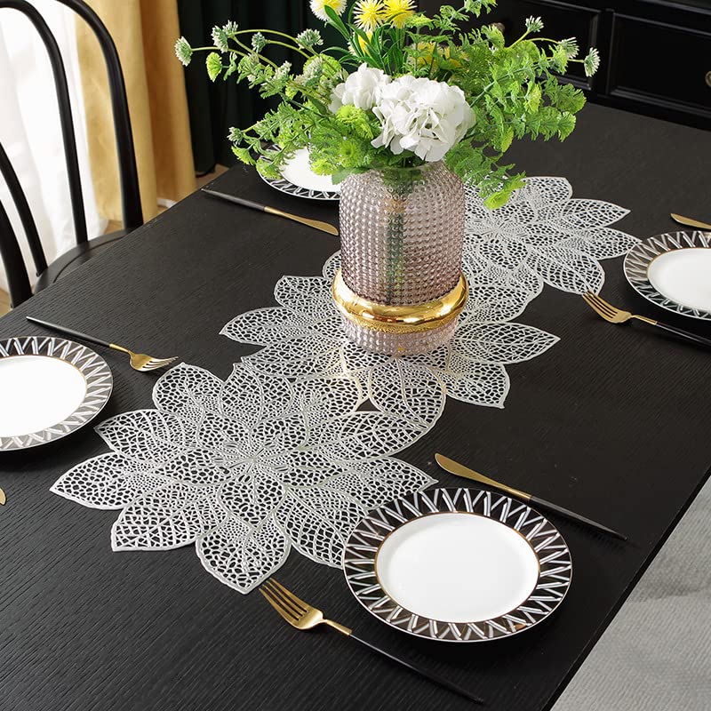 Chemin de table antidérapant argenté lotus en PVC ajouré pour repas de fête