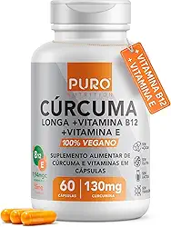 Cúrcuma em Cápsulas Puro Nutrition com Vitamina B12 + Vitamina E, 130mg Cúrcuma Longa por Porção, 60 Cápsulas Suplemento Vegano