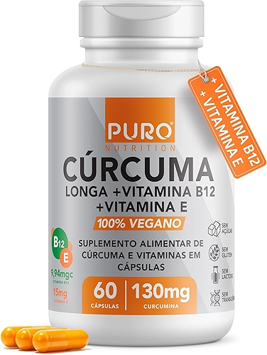 Cúrcuma em Cápsulas Puro Nutrition com Vitamina B12 + Vitamina E, 130mg Cúrcuma Longa por Porção, 60 Cápsulas Suplemento Vegano