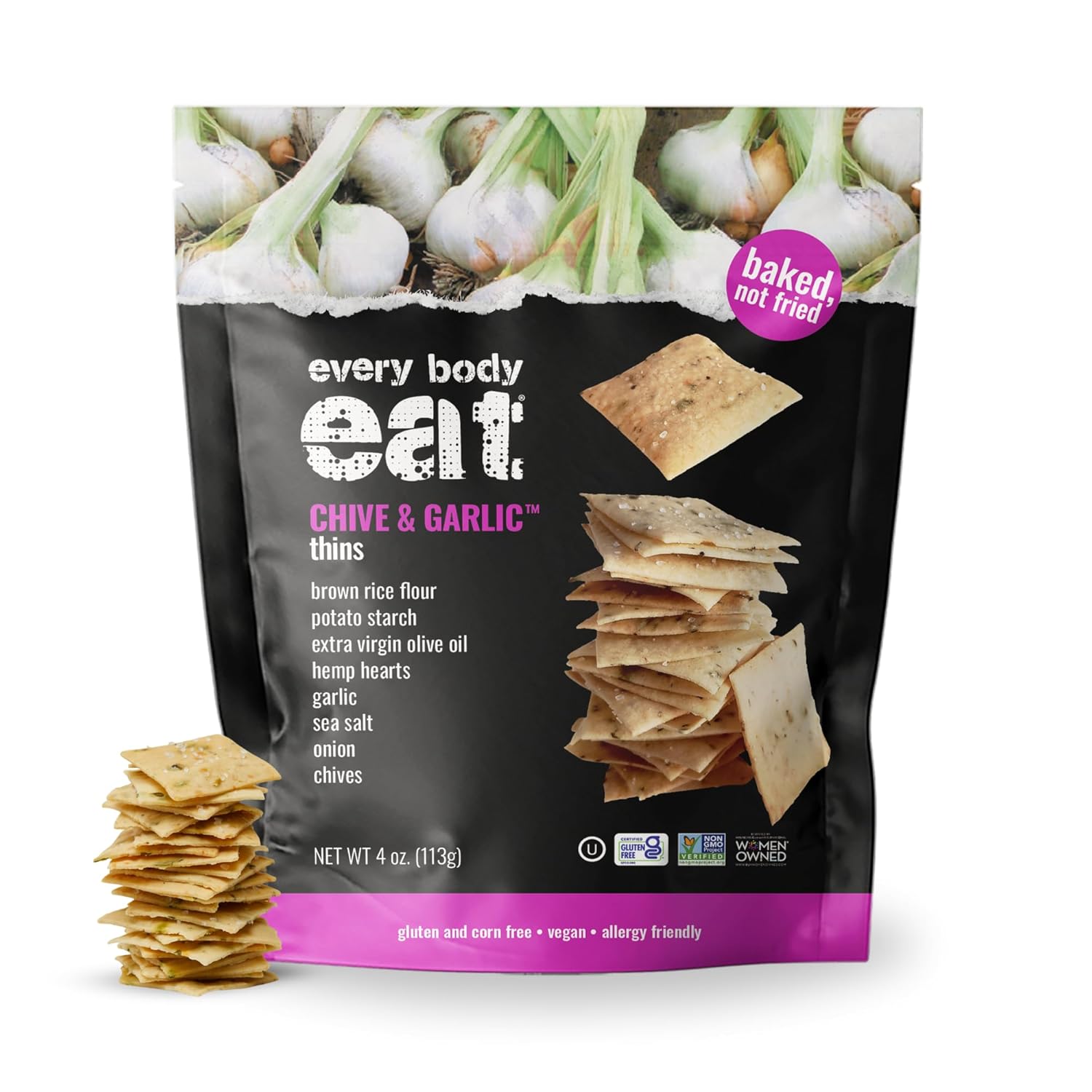 Every Body Eat Snack Cracker Thins, Gluten Free, Vegan, Seed Oil Free, and Dairy Free (6 Count, Chive & Garlic)