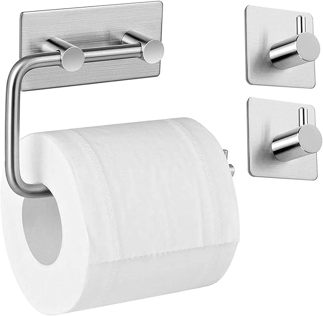 Aikzik Paper Stainless Steel Wall Mounted Self Adhesive Toilet Roll Holder Towel Hanger with 2 Hooks, for Kitchen Bathrooms