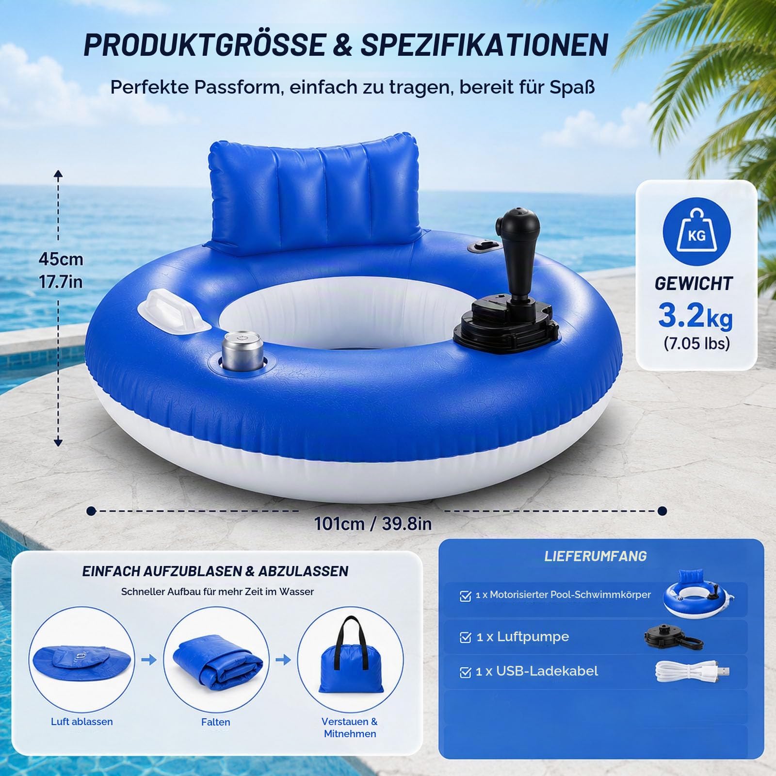 Motorisierter Pool-Schwimmer mit Getränkehalter, wiederaufladbare motorisierte Schwimmer für Erwachsene & Jugendliche, schwere motorisierte Schwimmreifen mit Rückenlehne, für Party, Urlaub, Poolparty