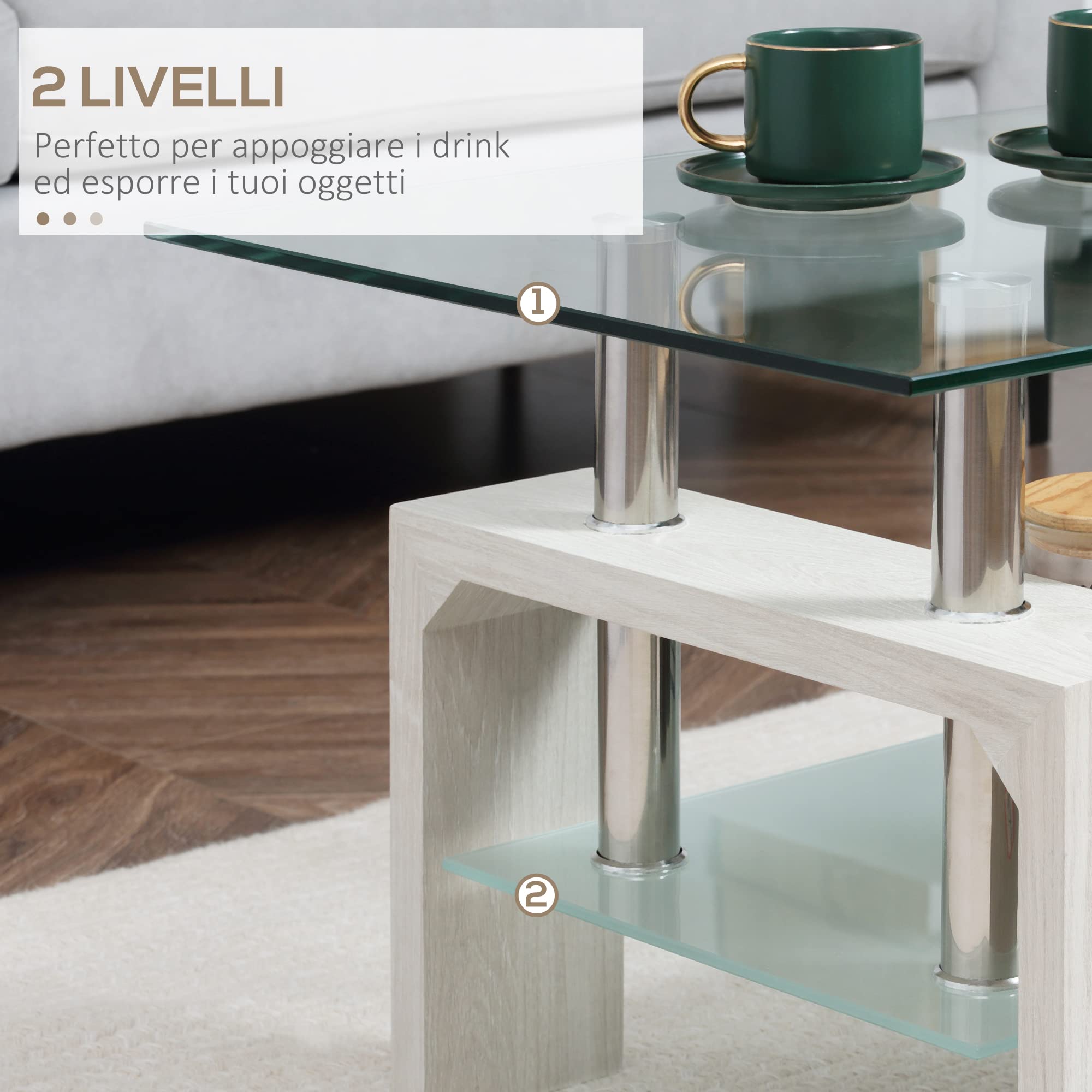HOMCOM Tavolino Salotto Moderno a 2 Livelli con Piano d'Appoggio in Vetro Temperato, Tavolino da Divano in Legno e Acciaio, Tavolo da Caffè per Soggiorno, 90x50x42 cm, Bianco