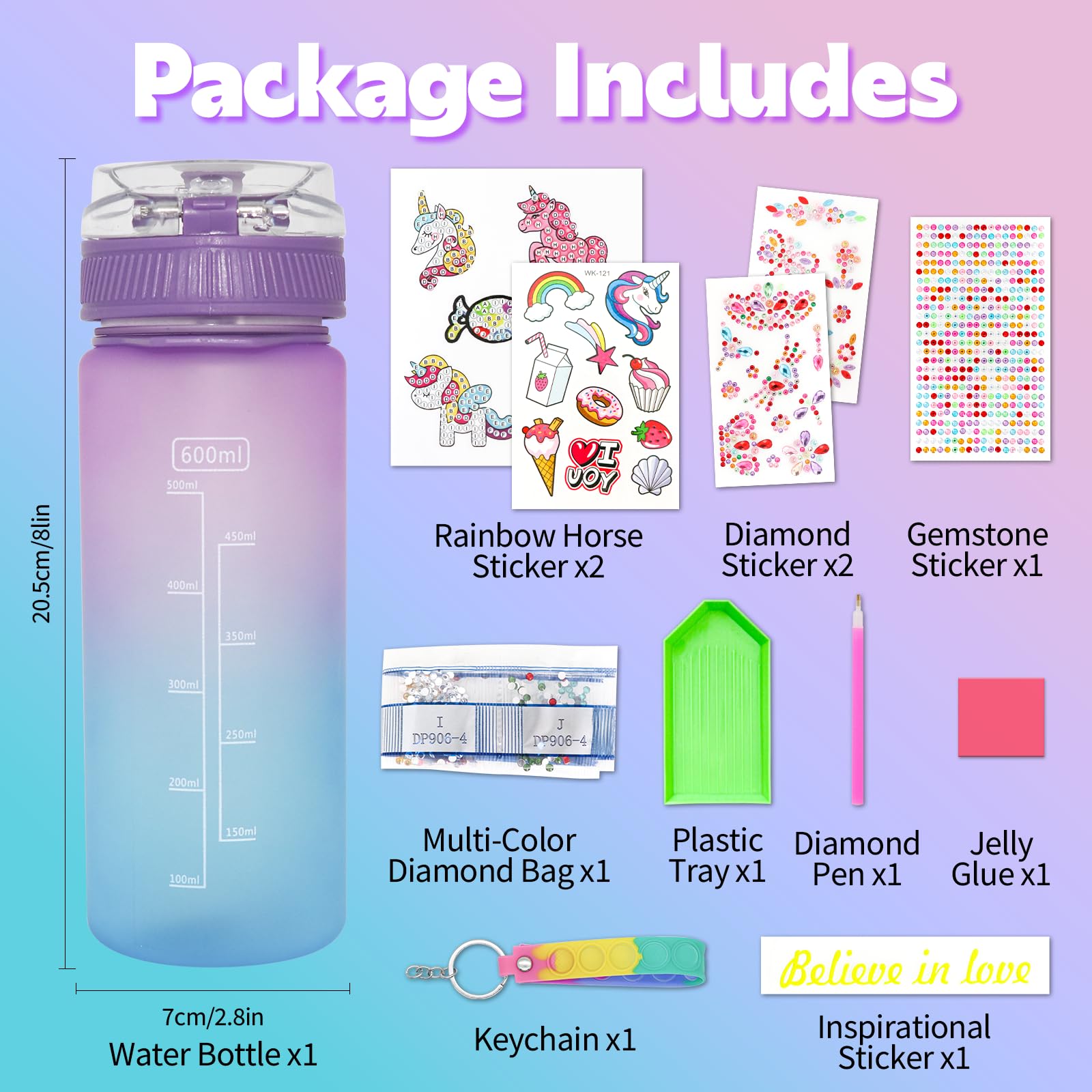 BBLYBD Unicorn Gem Diamond Painting Crafts,Fun Arts Decorate Your Own Water Bottle Kits for Girls Fun Arts and Crafts Gifts Toys for Girls, 1 2