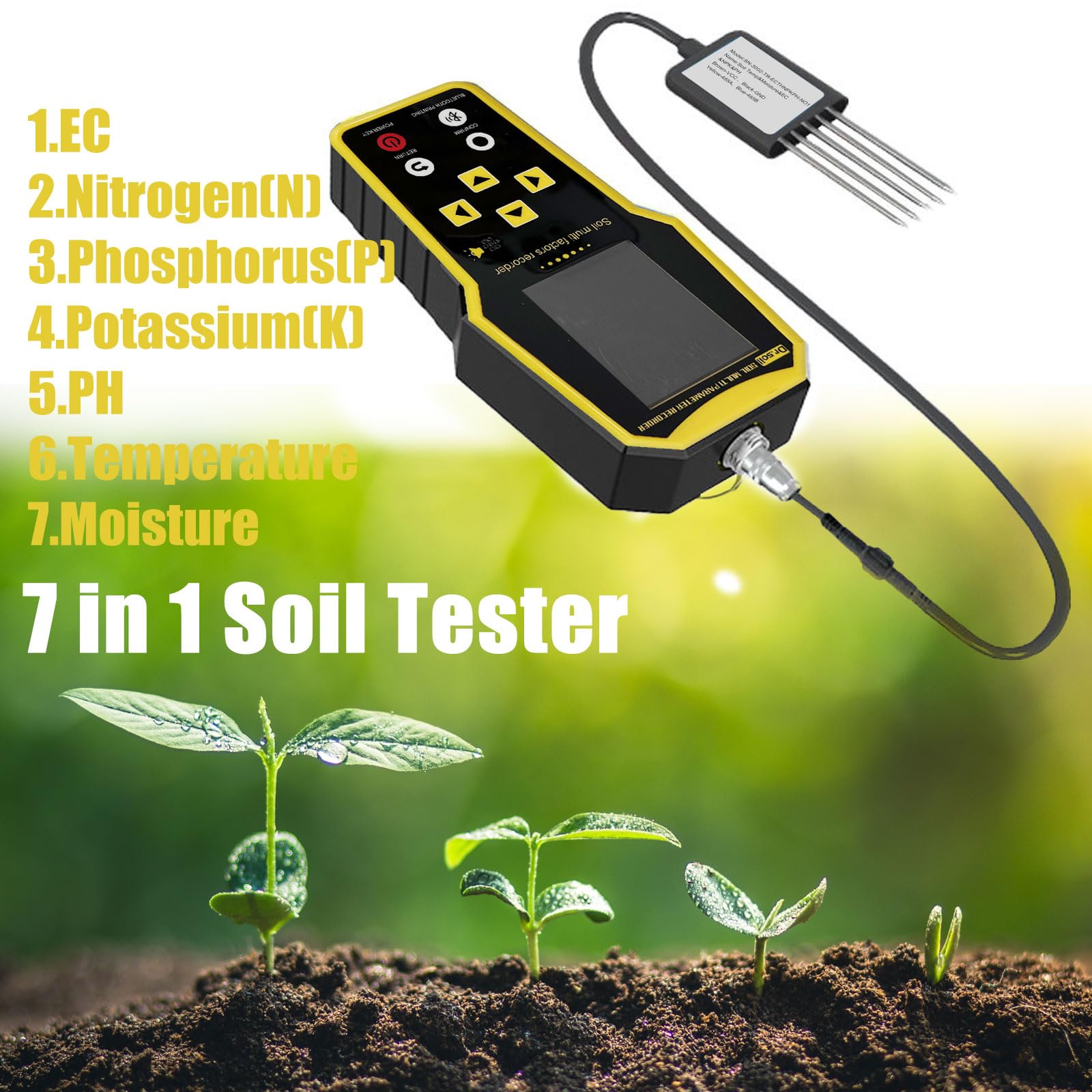 Probador de suelo 7 en 1, probador de nitrógeno fósforo y potasio NPK, kit de medidor de pH del suelo de mano, temperatura, conductividad, humedad, medidor CE para petroquímica, agricultura, amarillo