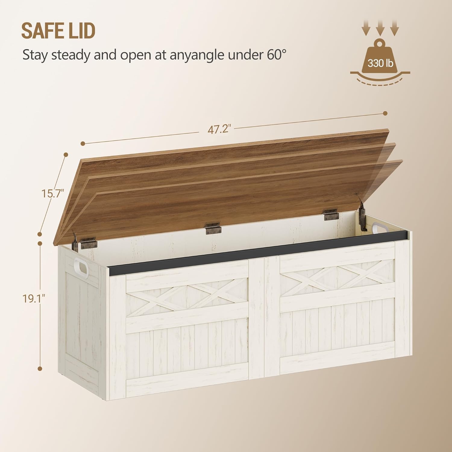 47.2" Storage Chest, Large Storage Bench with 2 Hinges, Farmhouse Wooden Box Bench, Lift-Top Organizer Chest, Wooden Bed End Bench, Suitable for Entryway, Bedroom, Retro White SB51214X