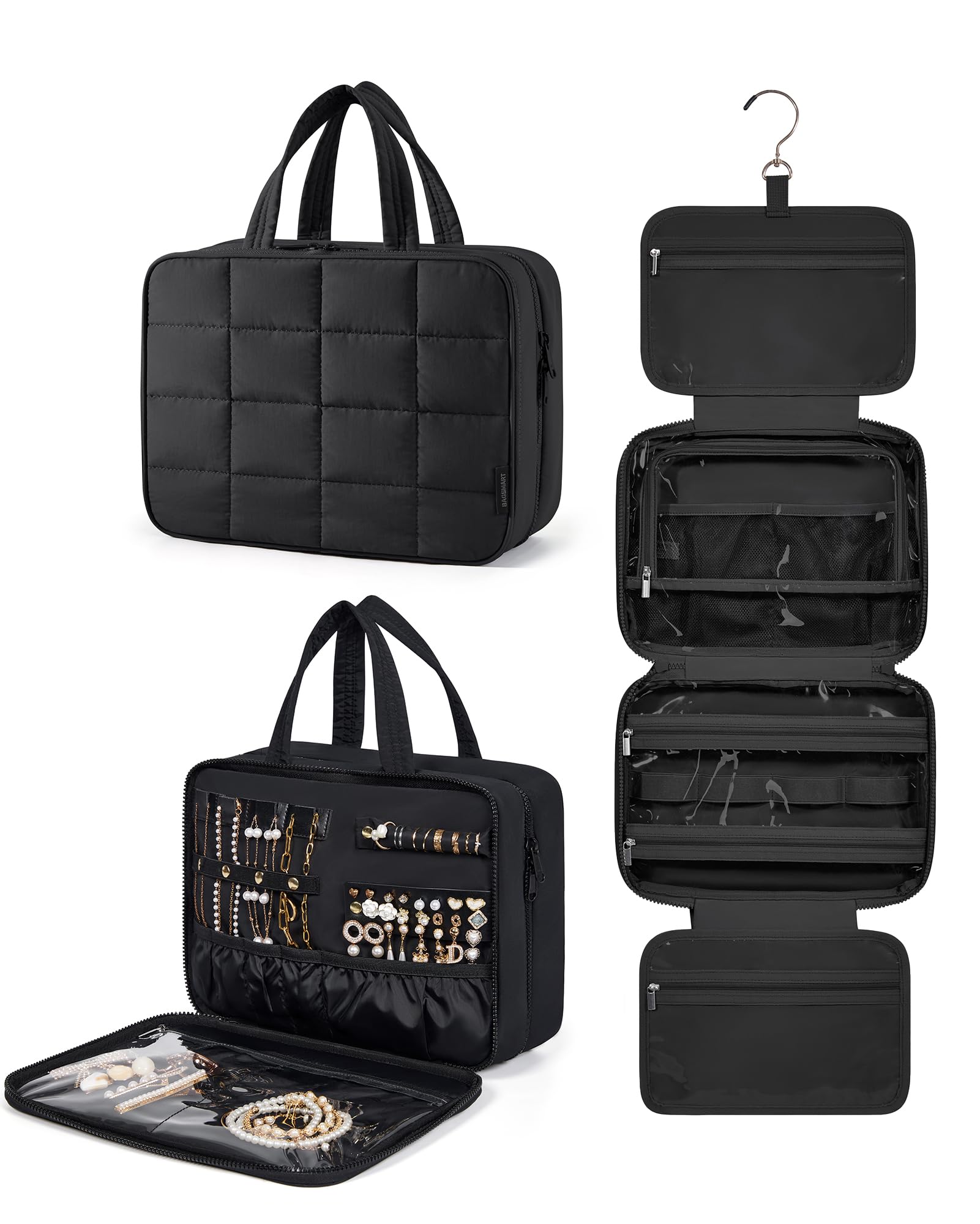 BAGSMART Kulturbeutel zum Aufhängen, Kulturtasche für Damen, Kosmetiktasche Groß, Toilettentasche Damen Reise Schmuck Organizer, Puffy Makeup Cosmetic Bag Organizer, Schwarz