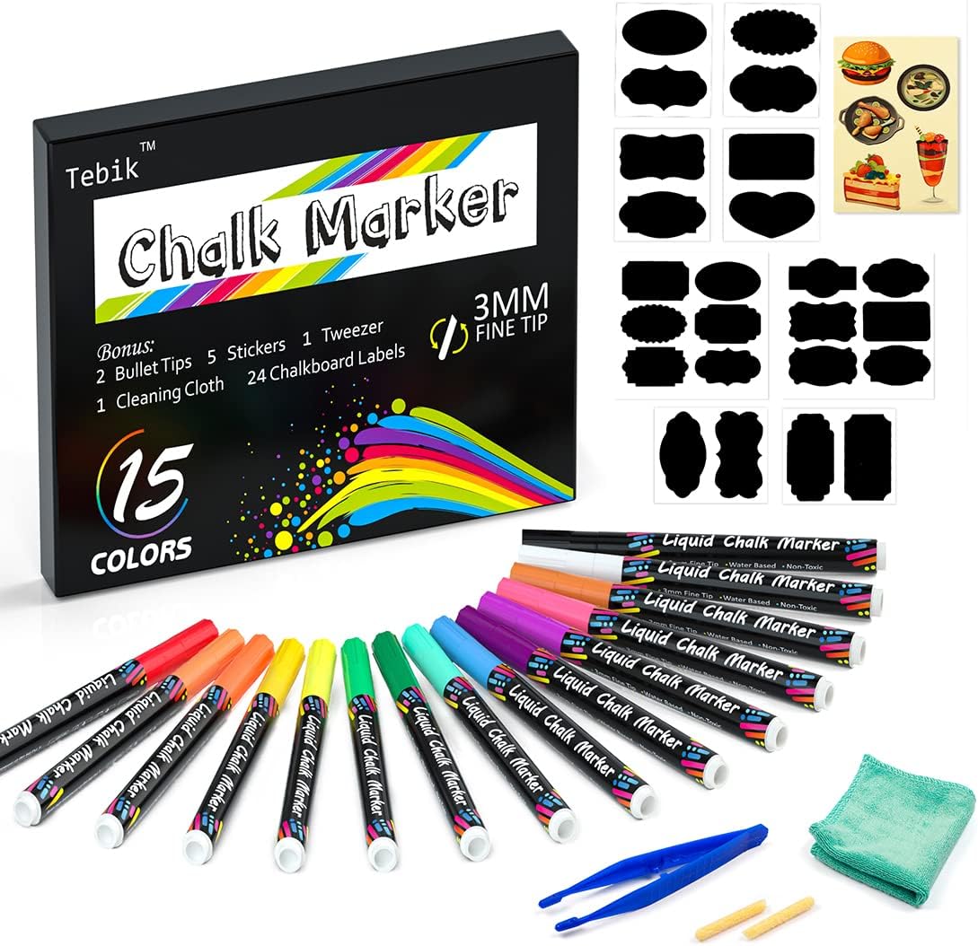 TebikLiquid Chalk Marker Set, 15 Bright Colors Erasable Chalkboard Paint Pens with 24 Chalkboard Labels, 5 Stickers, 1 Cloth, 1 Tweezer and 2 Tips, Good for Chalkboards, Bistro Boards, Glass
