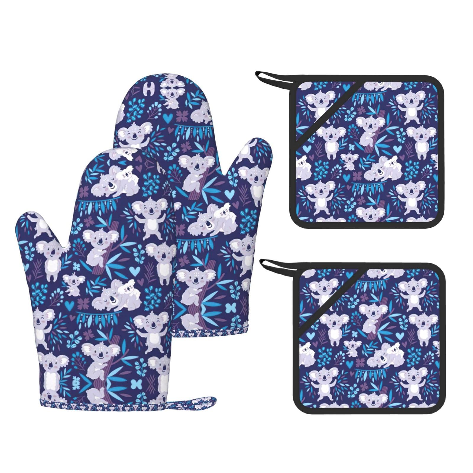 Lot de 4 maniques et gants de cuisine en silicone anti-chaleur avec poche koala