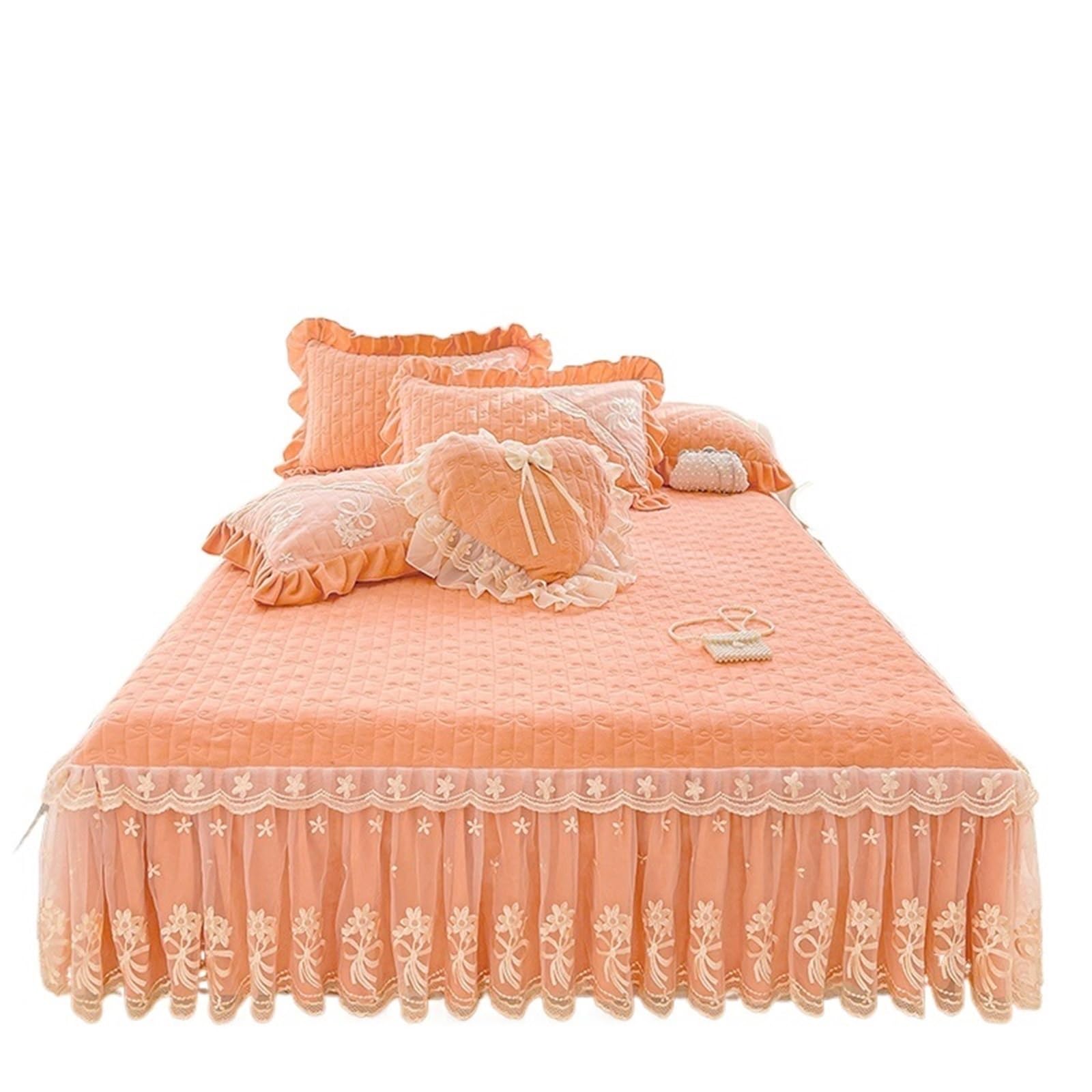 3/6Pcs Thickened Crystal Velvet Bed Skirt, Flowers Lace Embroidery Sheet, Bedspread, Quilted Cover, Pillowcases(Pink 1,180X200cm 3pcs)