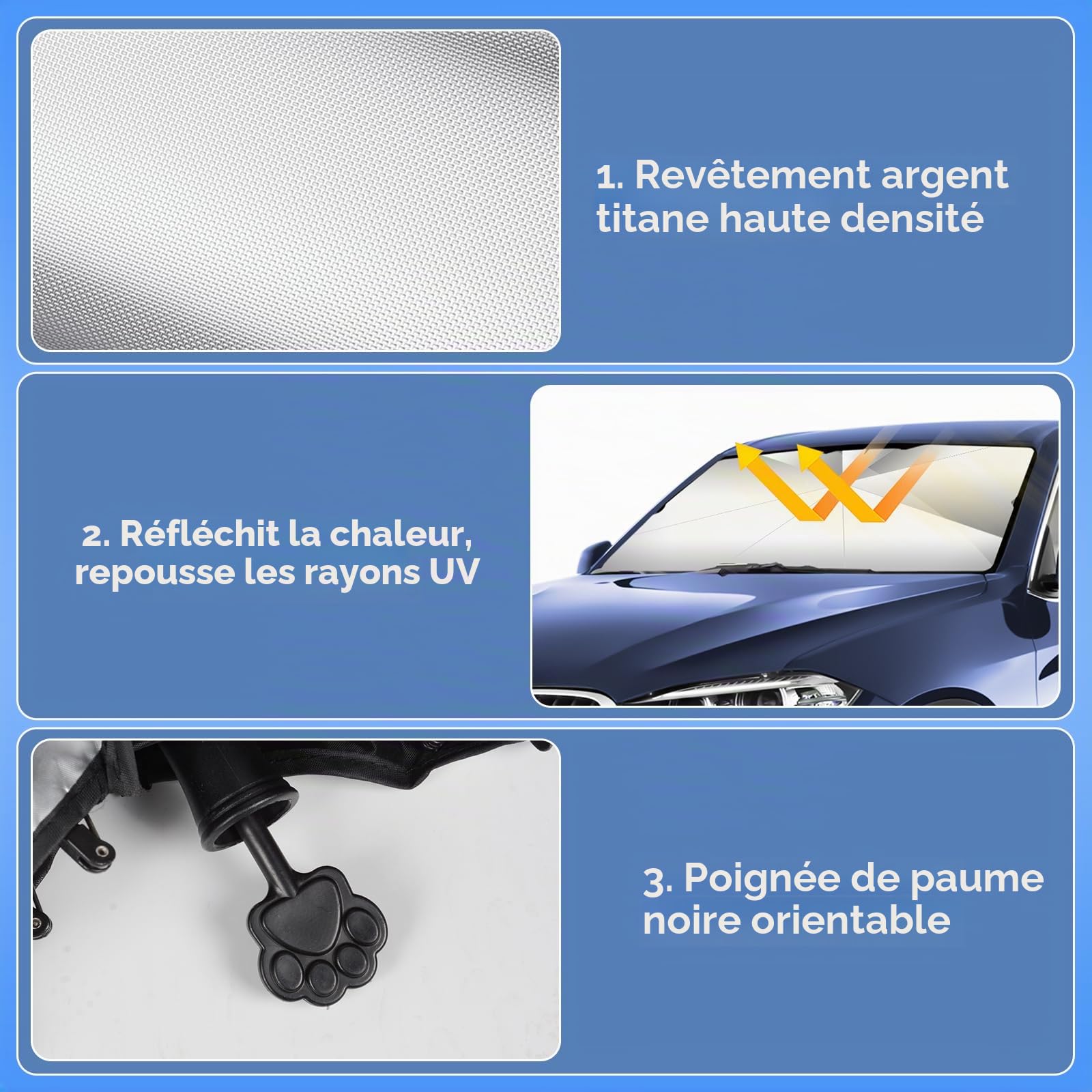 Pare-Soleil Voiture Pare-Brise Avant, 145x85cm Grande Taille,Protection UV & Anti-Chaleur Pliable Poignée pivotante, avec Découpe pour Rétroviseur – Idéal pour SUV et pour Voiture.