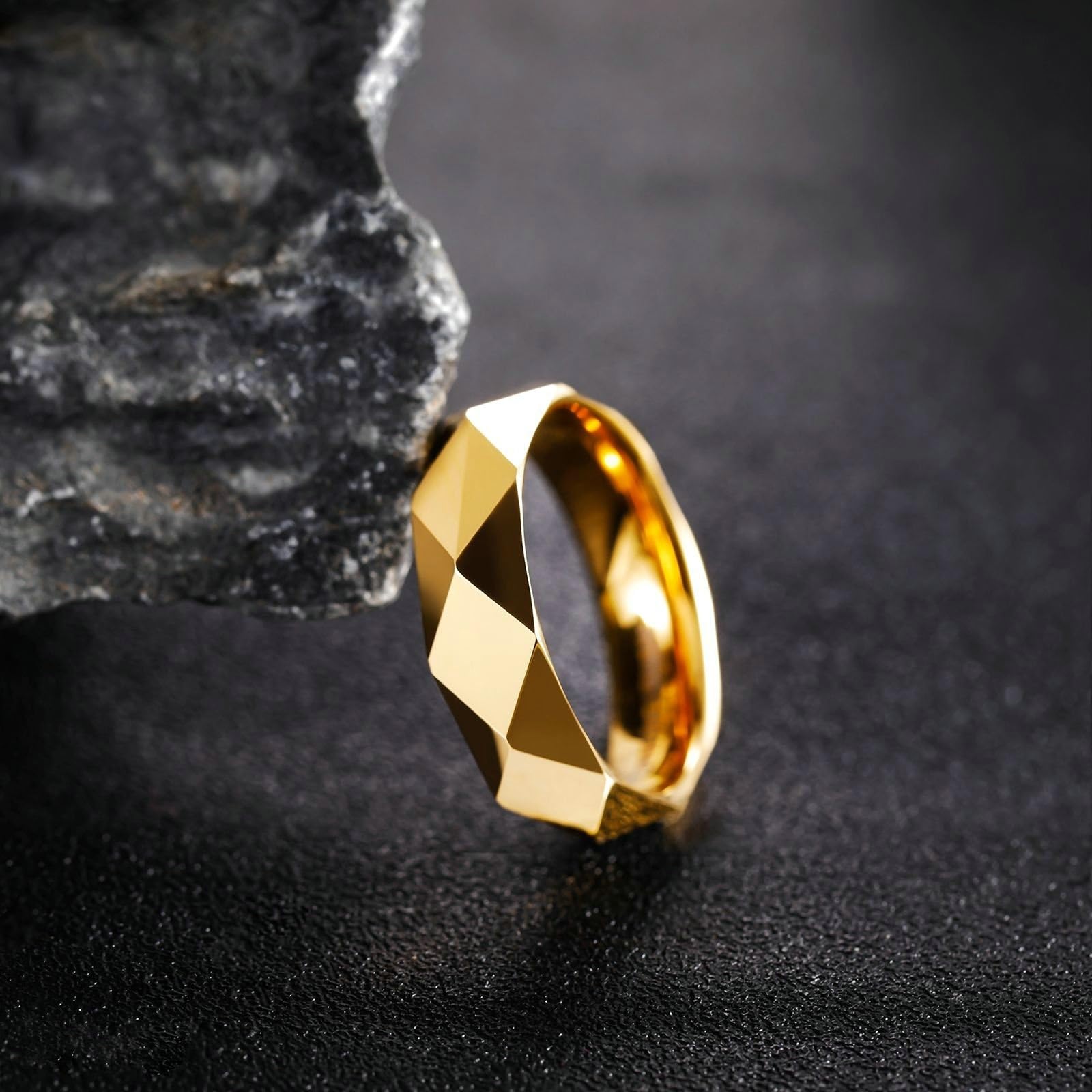 Anello di fidanzamento in tungsteno, unisex, 6 mm, lucidato a specchio, con rombi, unisex, oro