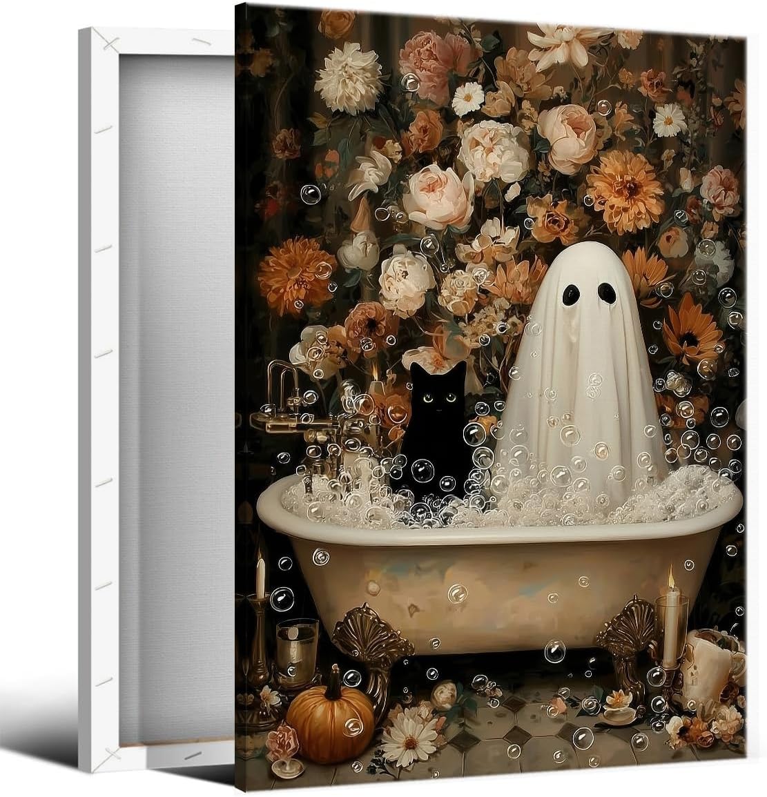 Ghost Bathroom Canvas Wall Art, Cute Ghost Reading Ghostly News on Toilet Poster, Pink Flowers Romantic Dark Academia Halloween Print, Gothic Spooky Wall Decor for Restroom 16x24in Wrapped Canvas