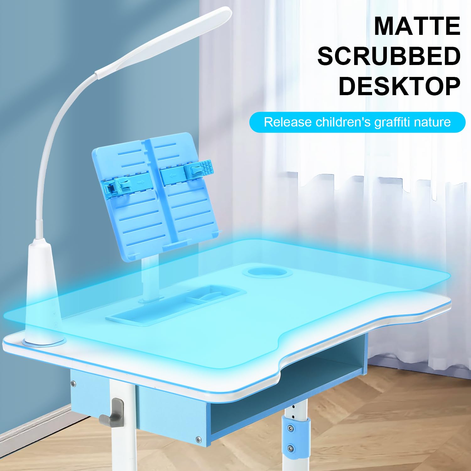 Mesa y Silla Infantil Regulables en Altura, Escritorio para Niños con Cajón, Portavasos,Lámpara LED y Estante para Libros,Silla Ergonómica con Respaldo Curvo, para Estudio y Tareas desde 6 años