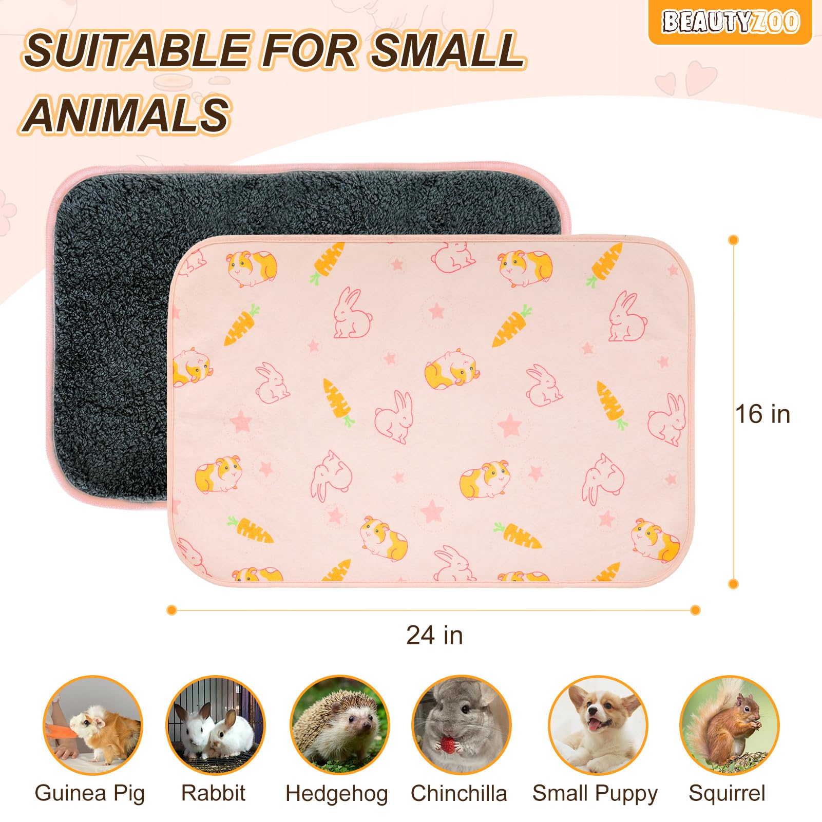 BEAUTYZOO Waschbare Urinierunterlagen für Meerschweinchen, 40,6 x 61 cm, wiederverwendbare Käfigeinlagen, doppelseitig, weiche Fleece-Bettwäsche, saugfähige Matte für Kleintiere, Kaninchen, Hamster