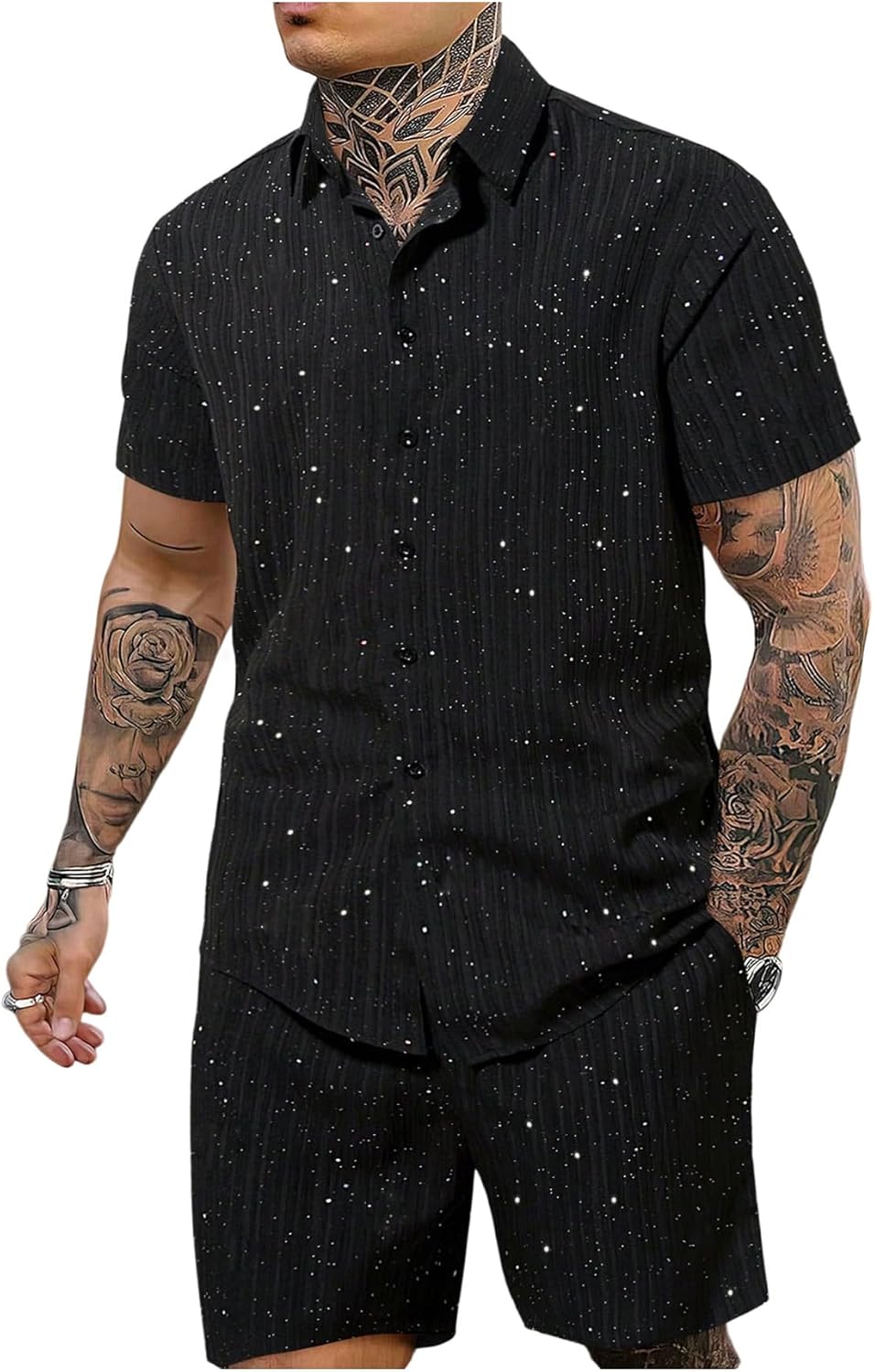 SHENHE Men's 2 Piece Outfits Sparkly Short Sleeve Button Down Textured Shirt and Shorts Set Summer Tracksuits