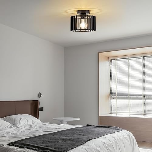 Miniatura 7 de Lámpara de techo industrial de hierro negro con jaula de hierro empotrado, 9 pulgadas de diámetro, lámparas de techo modernas para pasillos,