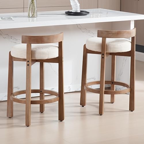 Miniatura 6 de HEAH-YO Mid Century - Juego de 2 taburetes de bar modernos de 26.5 pulgadas con respaldo, taburetes de bar tapizados de lino con patas de madera