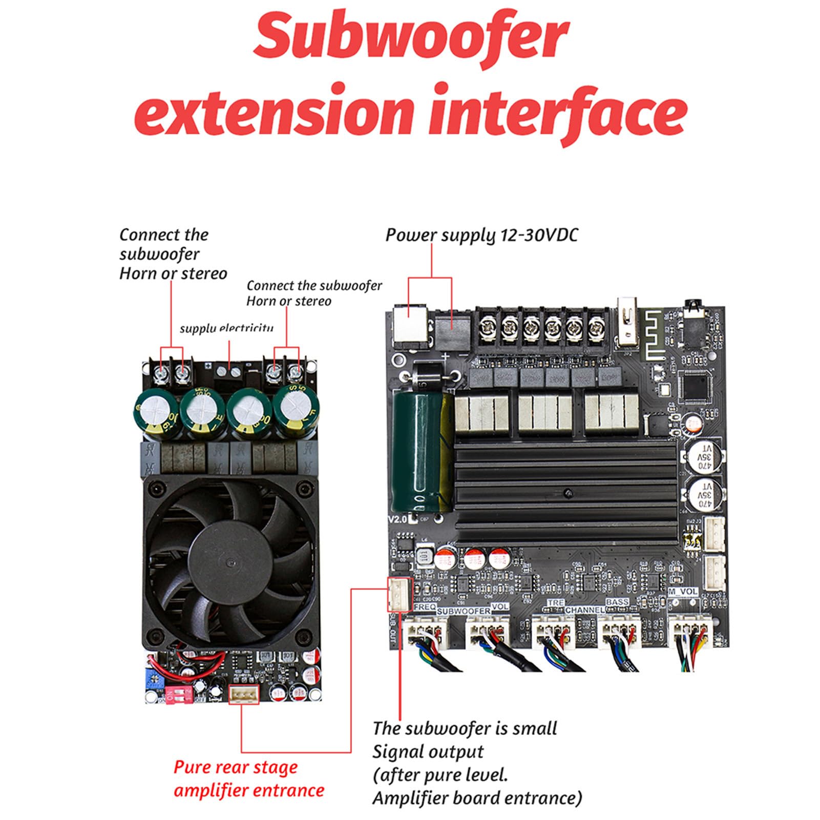 Modulo Amplificatore di Potenza Sonora Uscita Subwoofer 100 W+100 W e 200 W Modulo Amplificatore di Potenza Sonora Digitale BT a 2.1 DC12-30V Opzioni di Ingresso Multiple