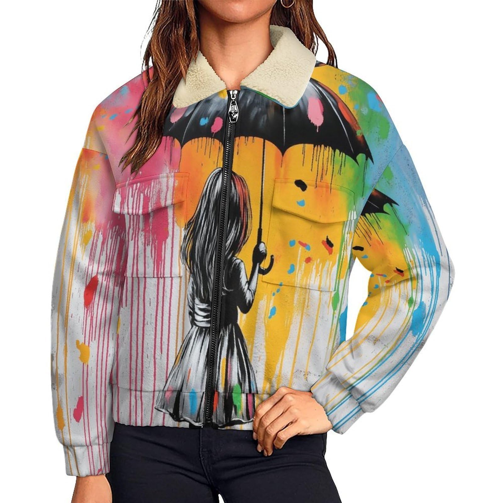 Womens Fleece Jacket Casual Full Zip Warm Soft Sherpa Lined Jackets, Long Sleeve Winter Coats, Graffiti girl Fashion Outdoor Lapel Comfortable Classic Outwear