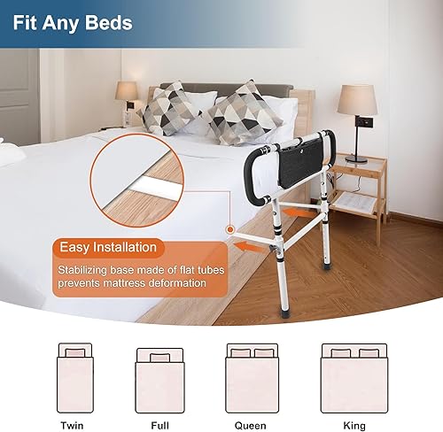 Miniatura 5 de Rieles de cama para adultos mayores con alturas ajustables y asas laterales extensibles, barra de asistencia de cama plegable para prevención de