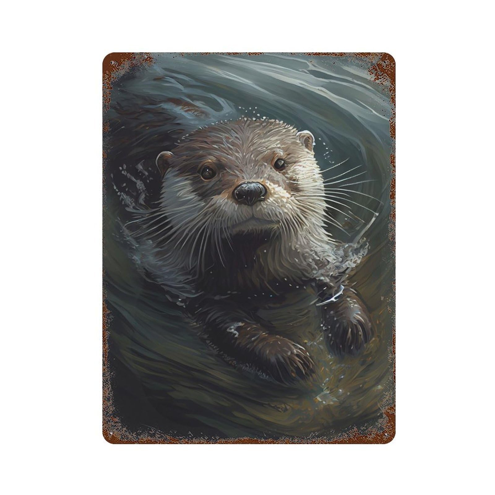 Rustic Tin Plaque with Otter Animal Design 15.7"x11.8", for Pub, Kitchen And Man Cave Decor, Old School Wall Decor