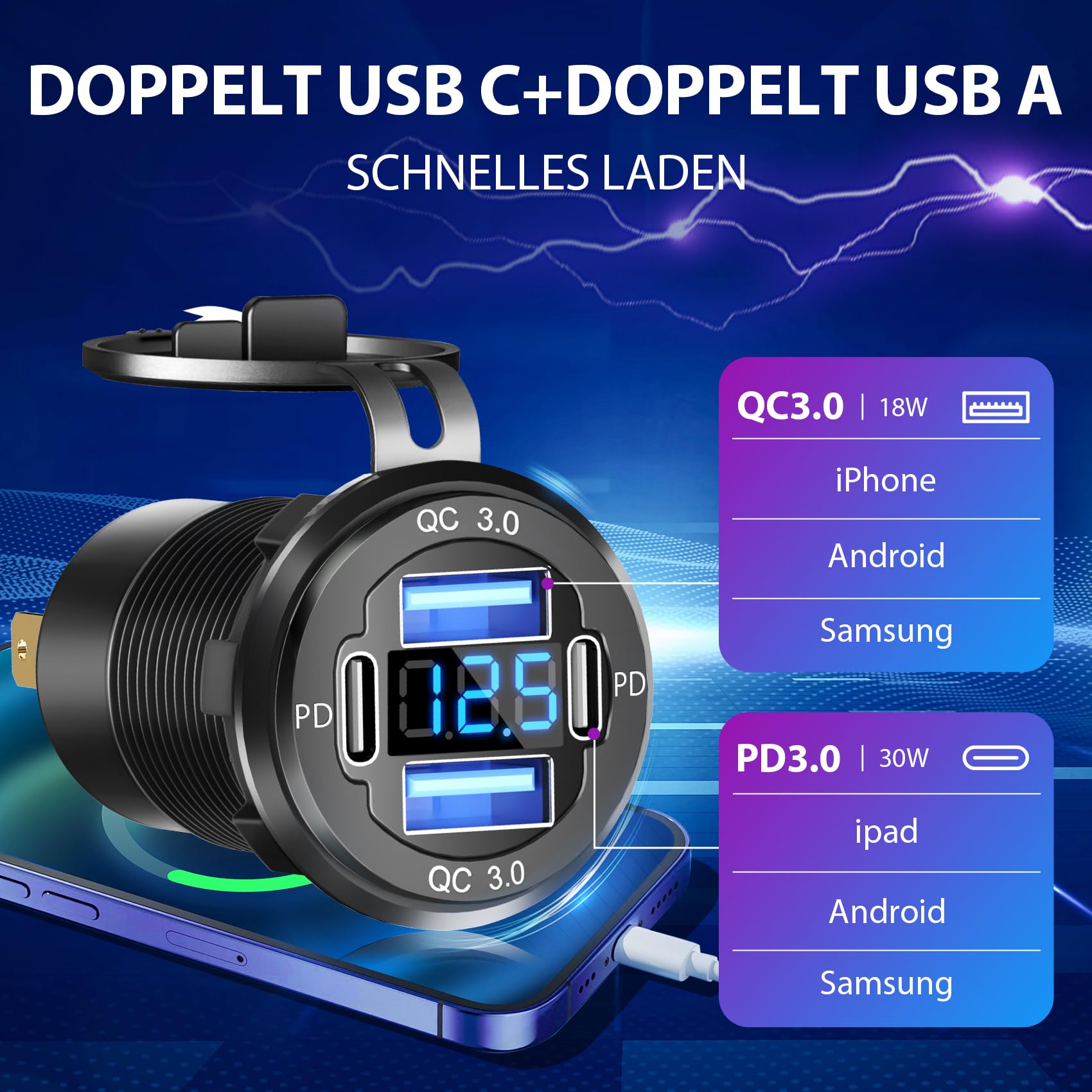 Daakro Gniazdo USB C 12 V, 78 W, 4 porty, aluminiowa ładowarka, moc, Dual PD 30 W i Dual QC 18 W, 12 V, podtynkowe USB z woltomierzem LED, zapalniczką samochodową, wtyczką do kampera, łodzi