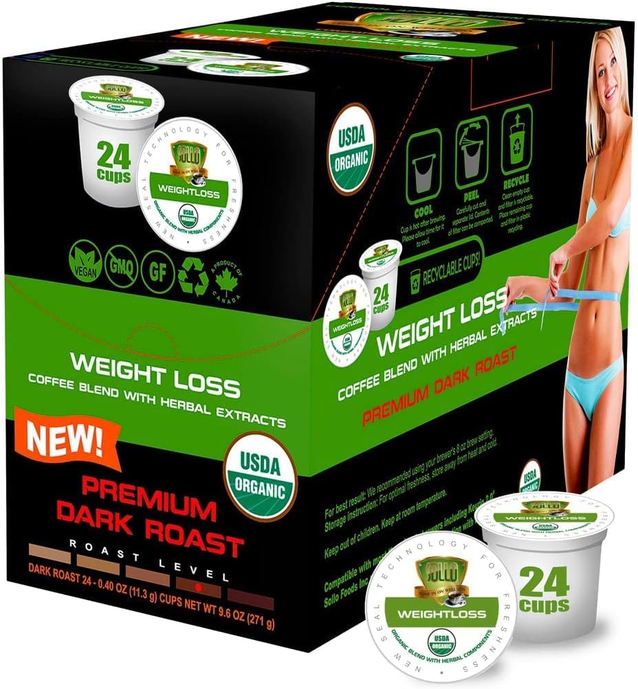 SOLLO Infused Organic Dark Roast Slimlly Low Acid Coffee, Single Serve Pods, Compatible With 2.0 K-Cup Keurig Brewers, 24 K-cup