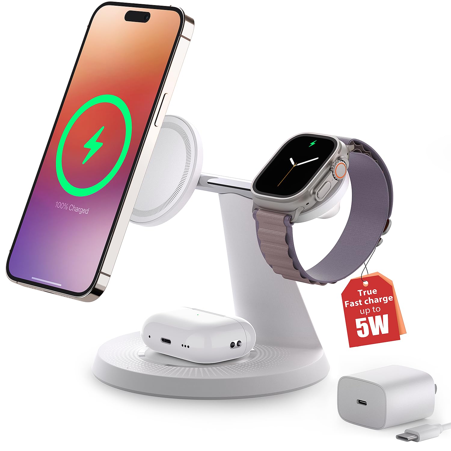 ZECHIN Station de charge sans fil 3 en 1 pour appareils Apple avec MagSafe | Chargement pour iPhone 17/Air/16/15/14/13, AirPods, Apple Watch, support de charge stable lesté, adaptateur USB-C inclus