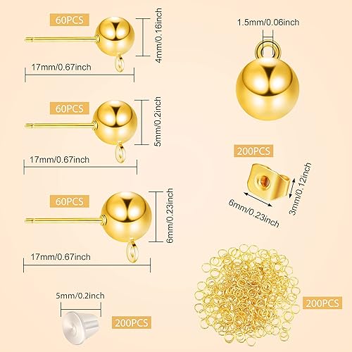 Miniatura 2 de 780 aretes de bola de 3 tamaños con lazo de 0.157 in, 0.197 in y 0.236 in, aretes de bola redondos, parte trasera de aretes de mariposa, parte