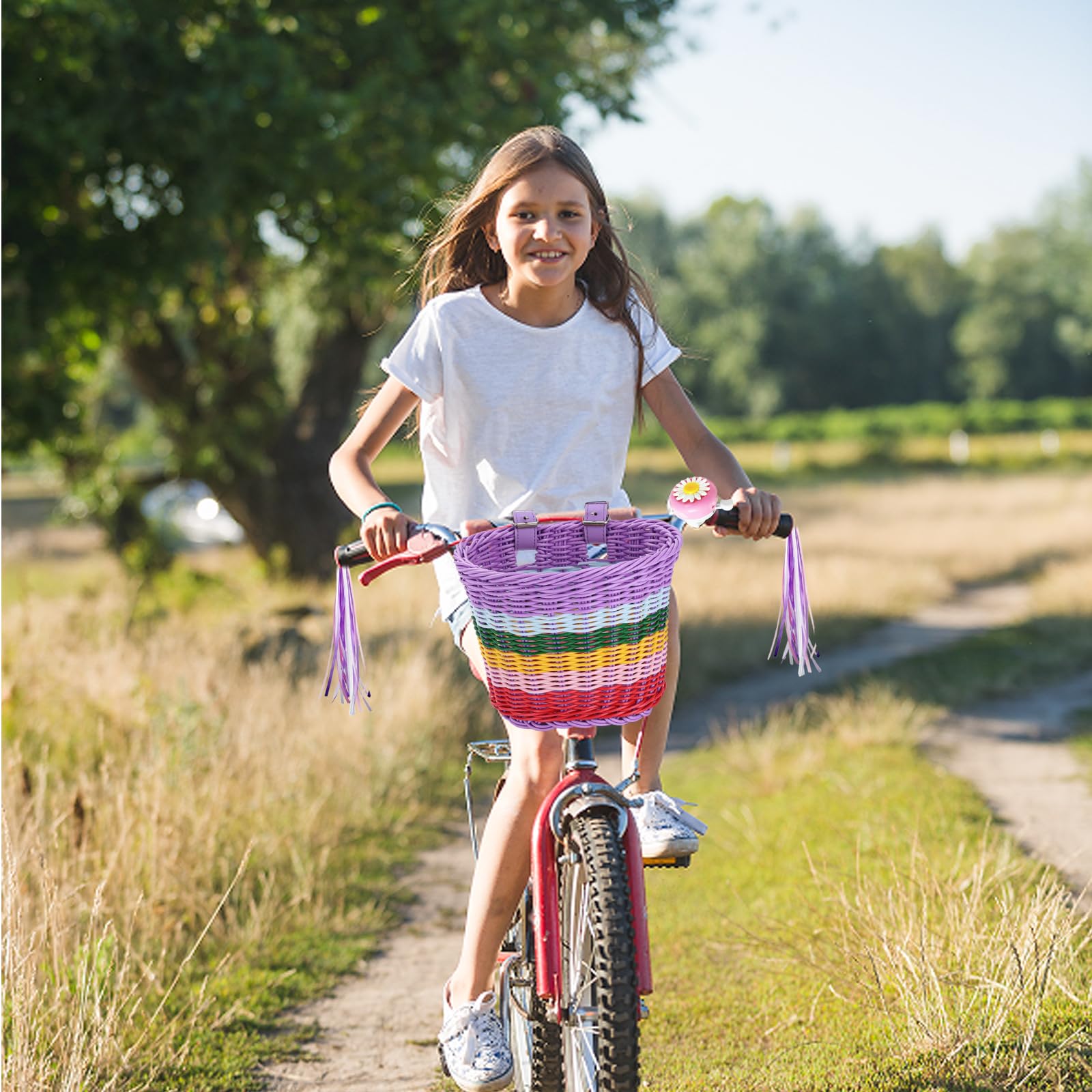 Cestino da bicicletta per bambini, cestino per bicicletta per bambini, cestini per bici rimovibili intrecciati con nappa per bicicletta e campanello, accessori per bici