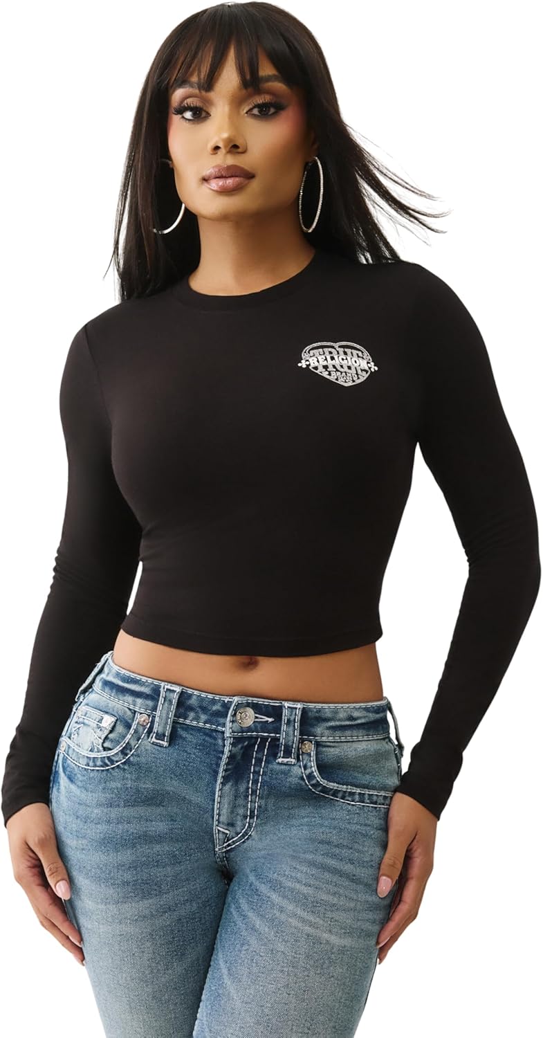 True Religion Heritage Logo Baby Tee – Women’s Cropped Graphic T Shirt, Cotton Blend Fitted Top