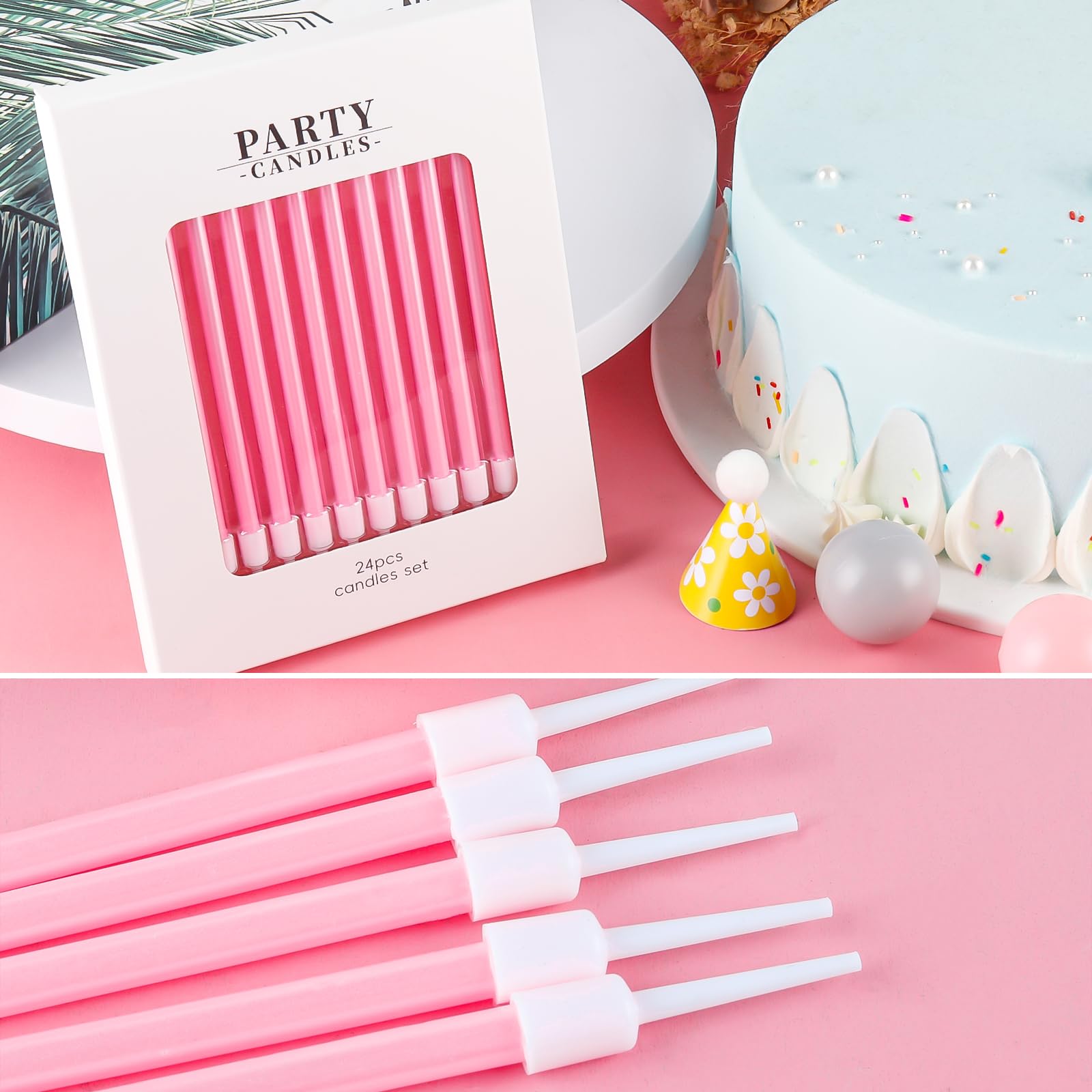 24 velas de cumpleaños rosas para pasteles, 10 cm de alto, metalizadas, delgadas, velas largas para cupcakes, velas finas con soportes para pastel de cumpleaños, baby shower, decoración de fiesta de