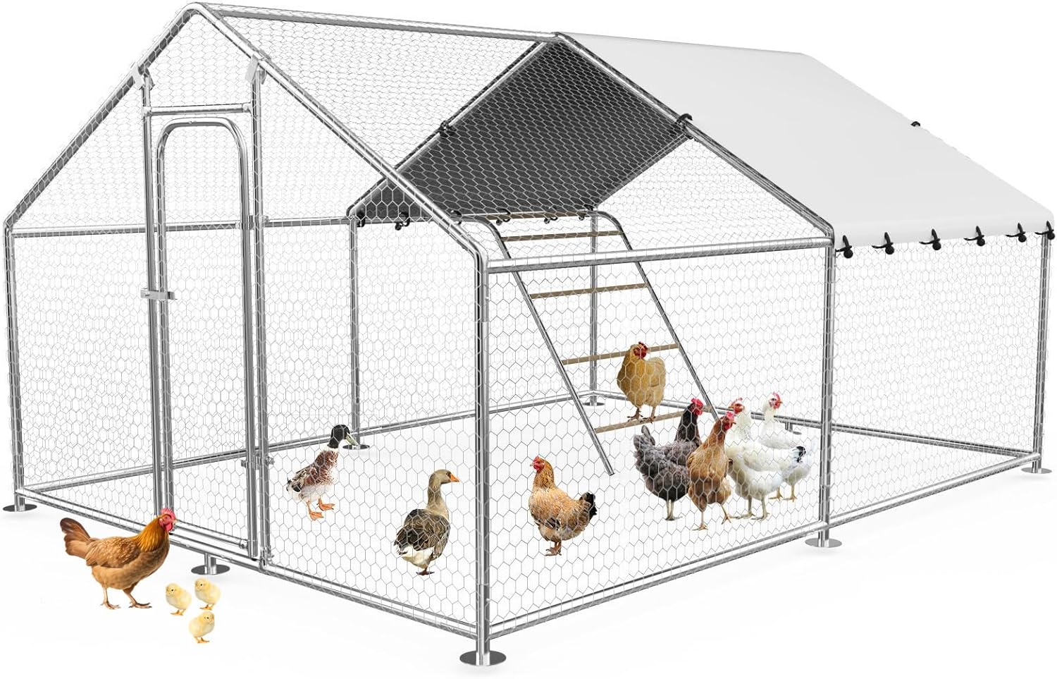 Large Metal Chicken Coop with Roosting Perch, Waterproof and UV-Resistant Cover, Outdoor Walk-in Cage Hen House for Yard Farm Rabbit Duck Chicken Run, Spire Roof (10’ W x 13.2’ L x 6.4’ H)