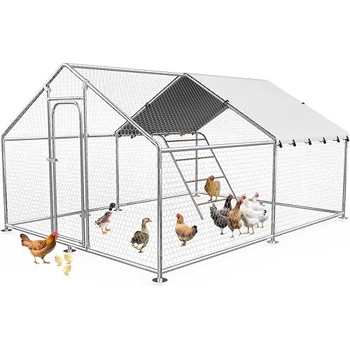 Large Metal Chicken Coop with Roosting Perch, Waterproof and UV-Resistant Cover, Outdoor Walk-in Cage Hen House for Yard Farm Rabbit Duck Chicken Run, Spire Roof (10’ W x 13.2’ L x 6.4’ H)