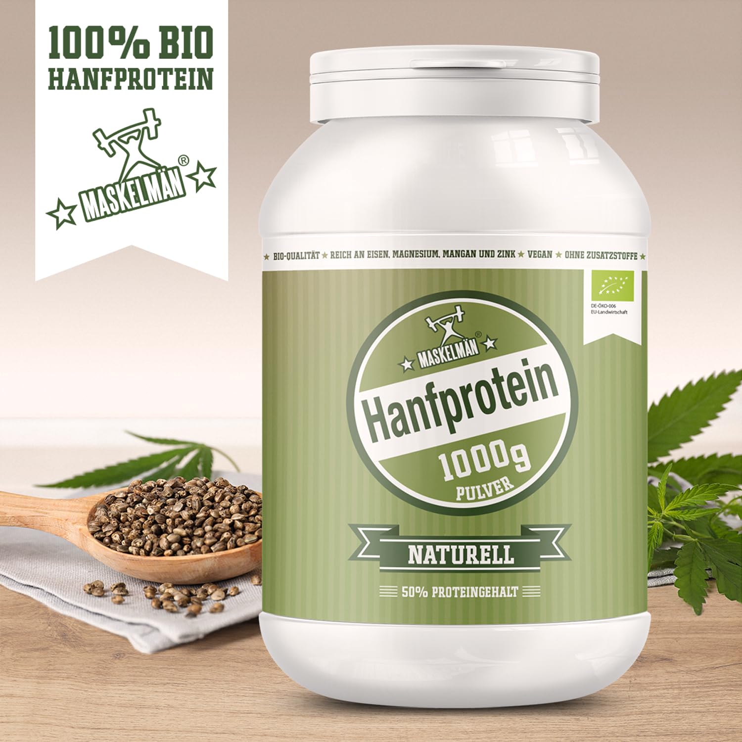 Hanfproteinpulver Bio - 1 KG - Über 50% Proteinanteil - Aus 100% Bio-Hanfsamen - Veganes Proteinpulver zur Unterstützung des Muskelaufbaus