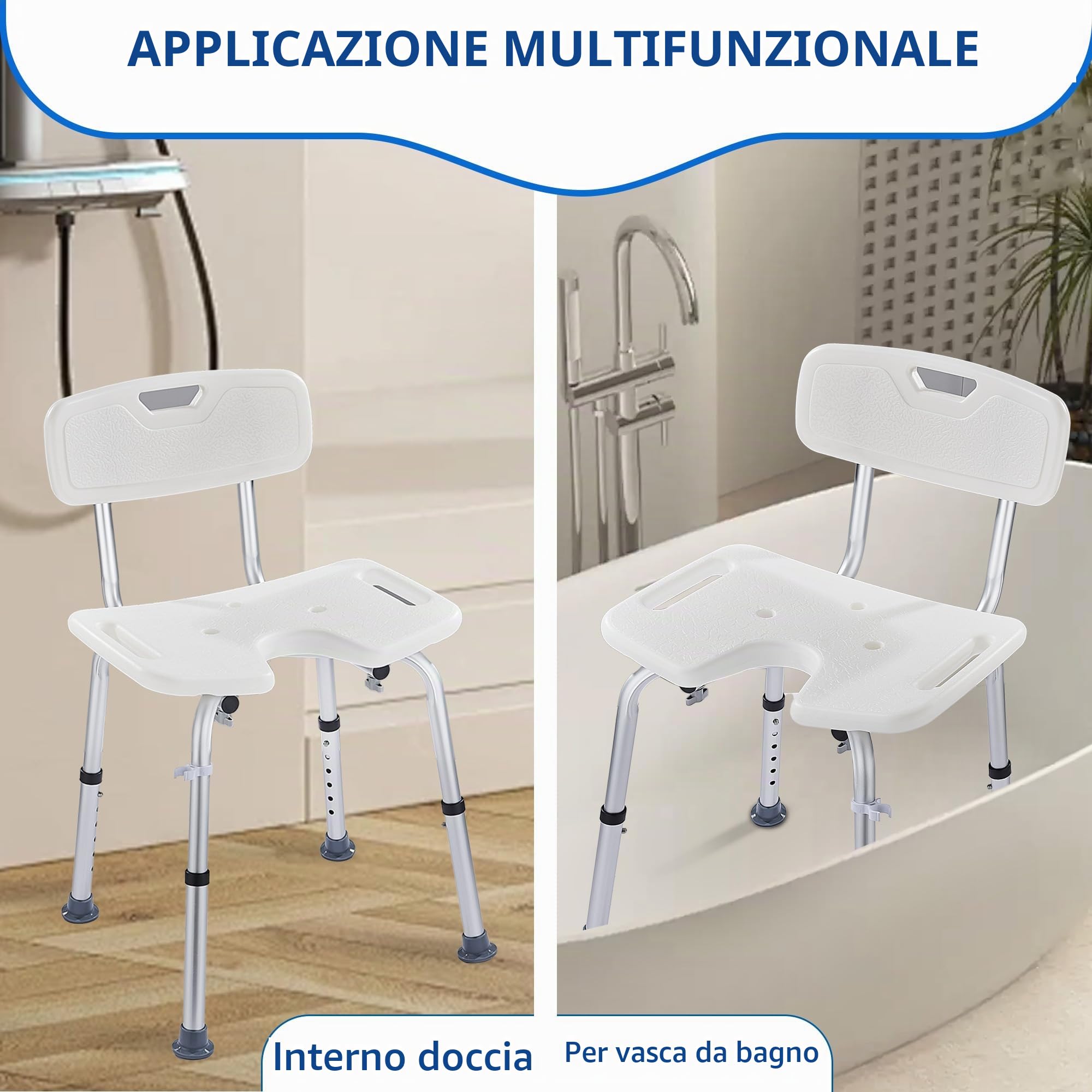 Sedia per Doccia con Schienale Rimovibile Altezza Regolabile, Sgabello Doccia Forma a U Antiscivolo per Anziani Disabili Sedile Sgabello da Bagno in Alluminio portata fino a 150 kg