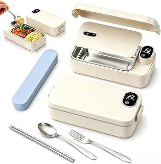 Portable Electric Lunch Box with Self-Heating, Cordless Rechargeable Lunch Box Warmer for Adults, 900ML Stainless Steel Heated Food Container for Work Office Car Travel & Picnic (Timer,Beige)
