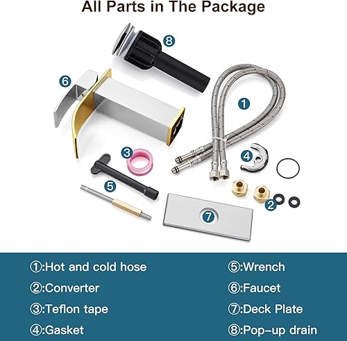 Miniatura 9 de Midanya Grifo de lavabo de montaje en cubierta de un solo agujero, grifo de lavabo de baño en cascada, grifo de baño de cascada de oro pulido, grifo