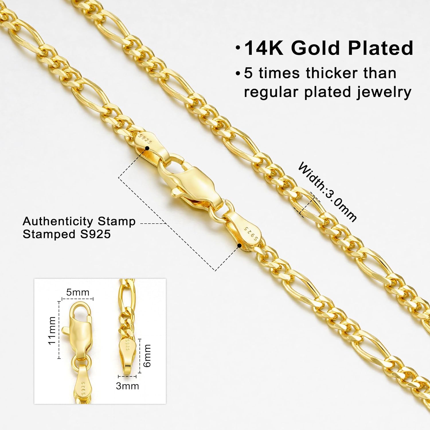 IEFWELL 14K-Real-Gold-Over S925 Sterling Silver Figaro Chain Bracelet for Women, 3mm Sterling Silver/Gold Figaro Link Chain Bracelet Sturdy Women Chain Bracelets, 6.5/7/7.5/8/8.5/9 Inches Jewelry Gift - Image 2