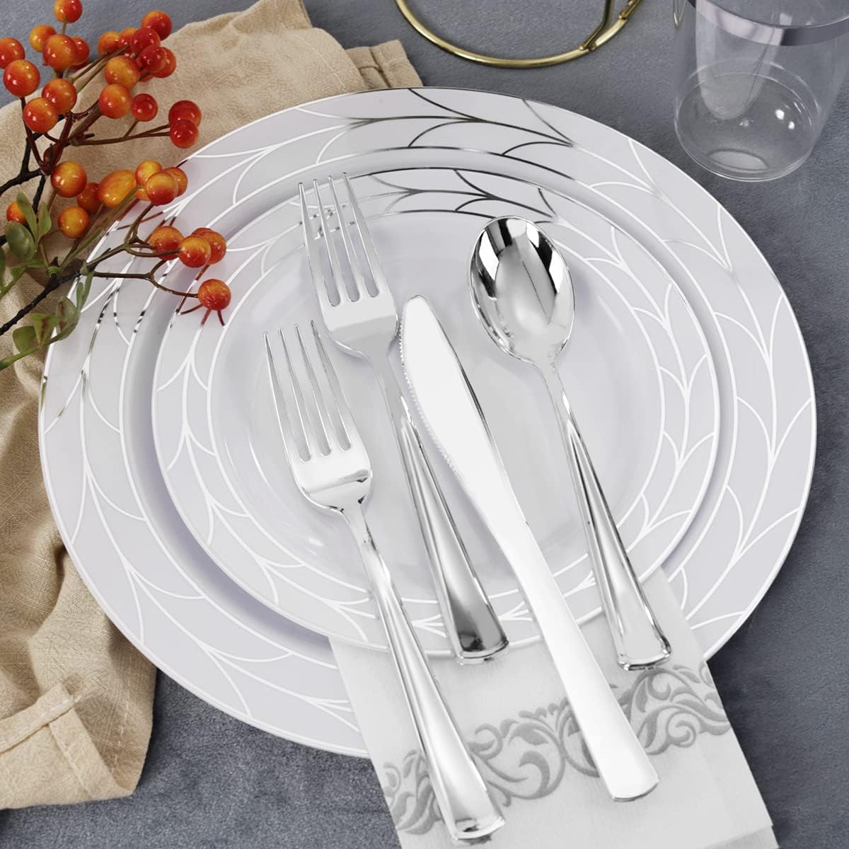 COLOSUS 175pcs Disposable New Year Plastic Plates and Silverware set, Include 25 Dinner Plate, 25 Dessert Plate, 25 Cup, 25 Napkin,75 Silver Silverware Set, Plastic Fall Plates Set for 25 guests