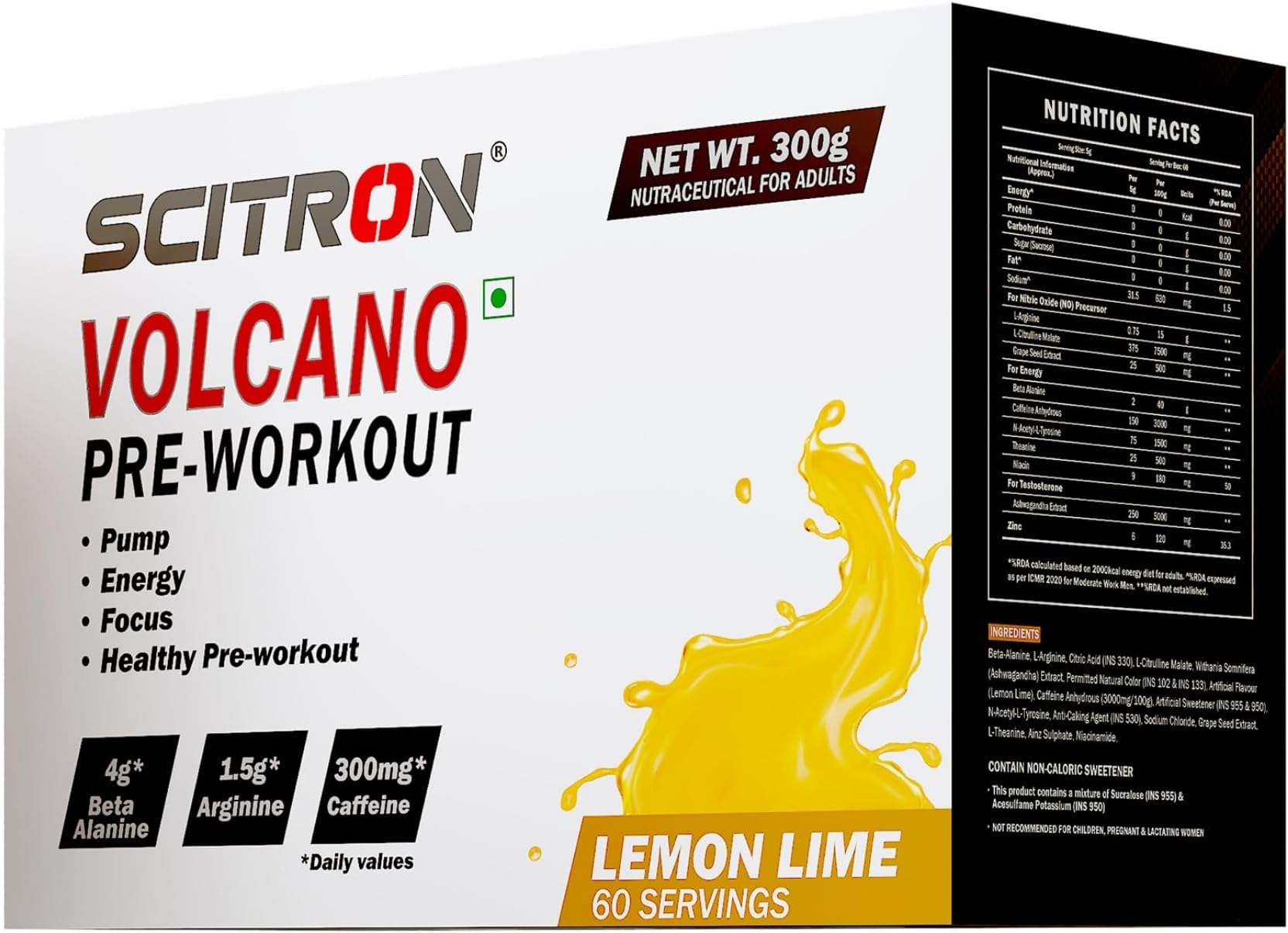 Scitron Volcano Pre Workout 300g - (60 Servings | 4g Beta Alanine | 1.5g Arginine | 300mg Caffeine | 0g Sugar | Boost Energy & Focus| Healthy Pre-workout) (Lemon Lime)
