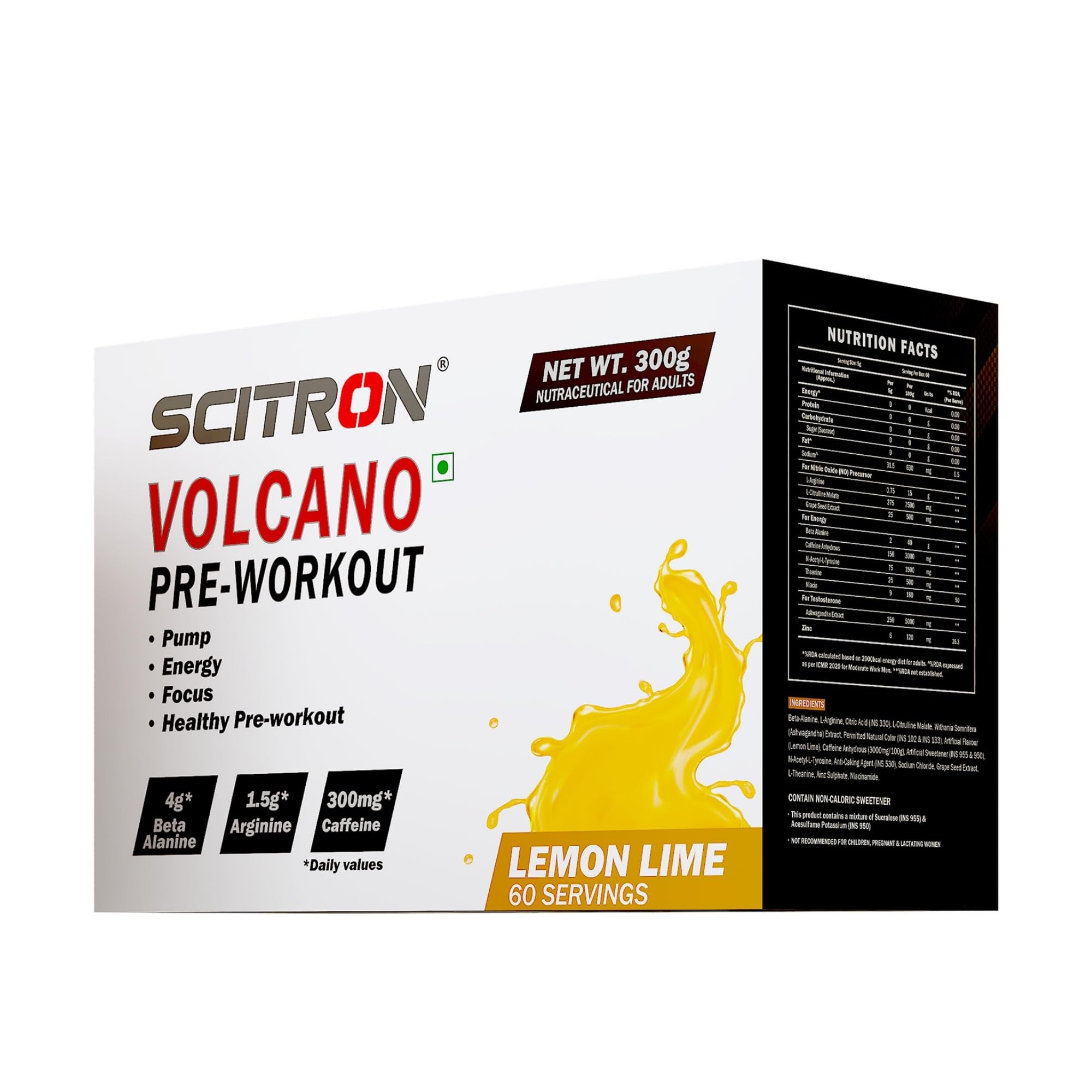 Scitron Volcano Pre Workout 300g - (60 Servings | 4g Beta Alanine | 1.5g Arginine | 300mg Caffeine | 0g Sugar | Boost Energy & Focus| Healthy Pre-workout) (Lemon Lime)