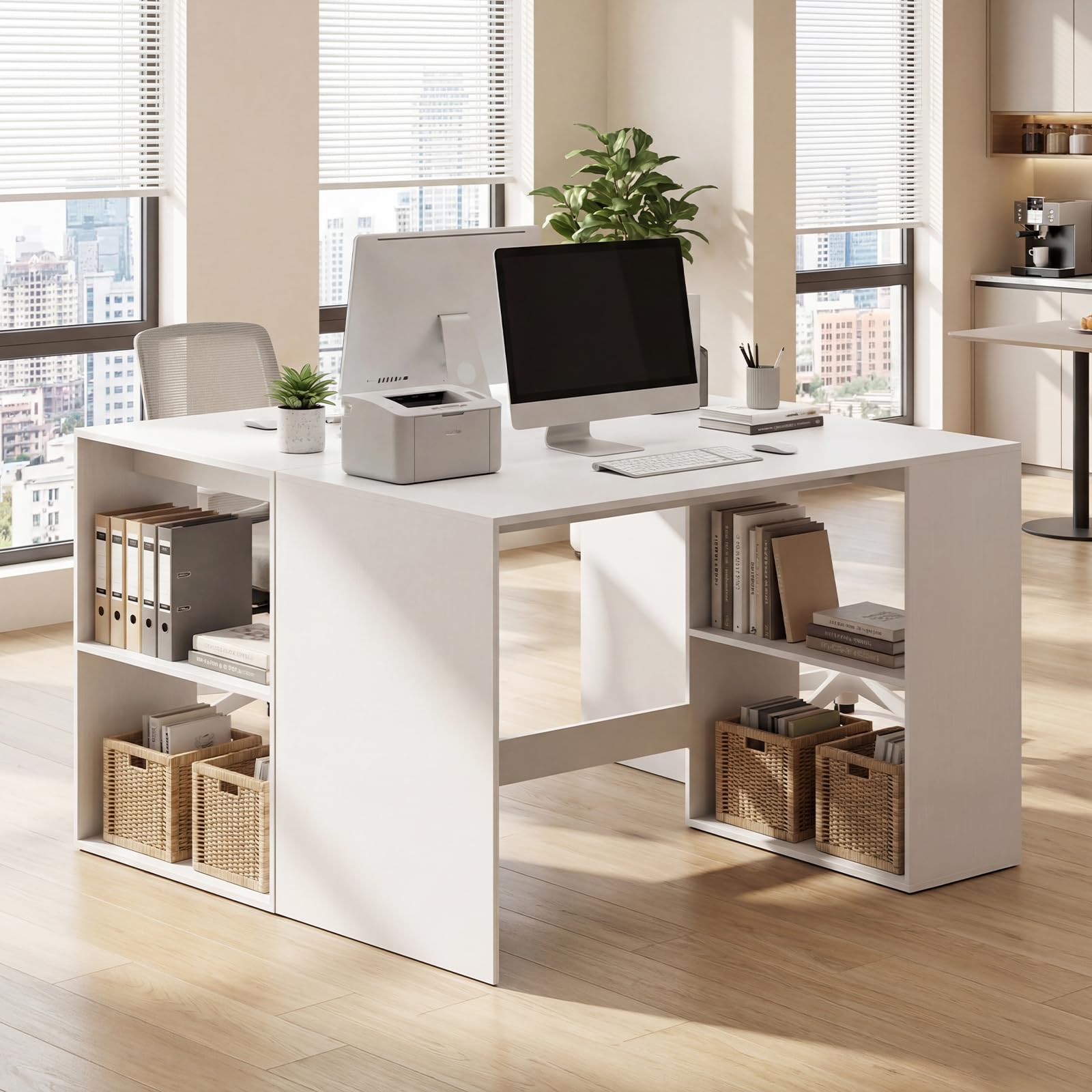 COSTWAY Scrivania Ufficio con Libreria Laterale a 2 Ripiani e Ampio Piano, 112 x 60 cm Scrivania Gaming in Legno, Scrittoio per Computer Salvaspazio per Studio, Soggiorno e Ufficio (Bianco)