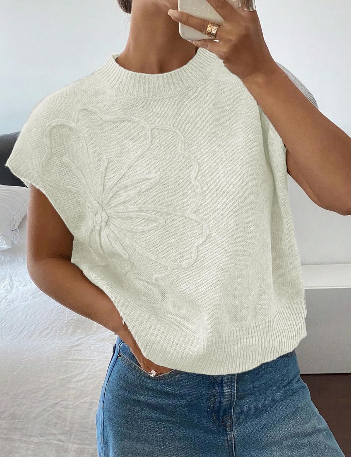 Womens Floral Sweater Vest Cute Cap Sleeve Tops 3D Flower Decor Knit Tank Top Loose Spring Fall Summer Clothes 2026 - Image 2