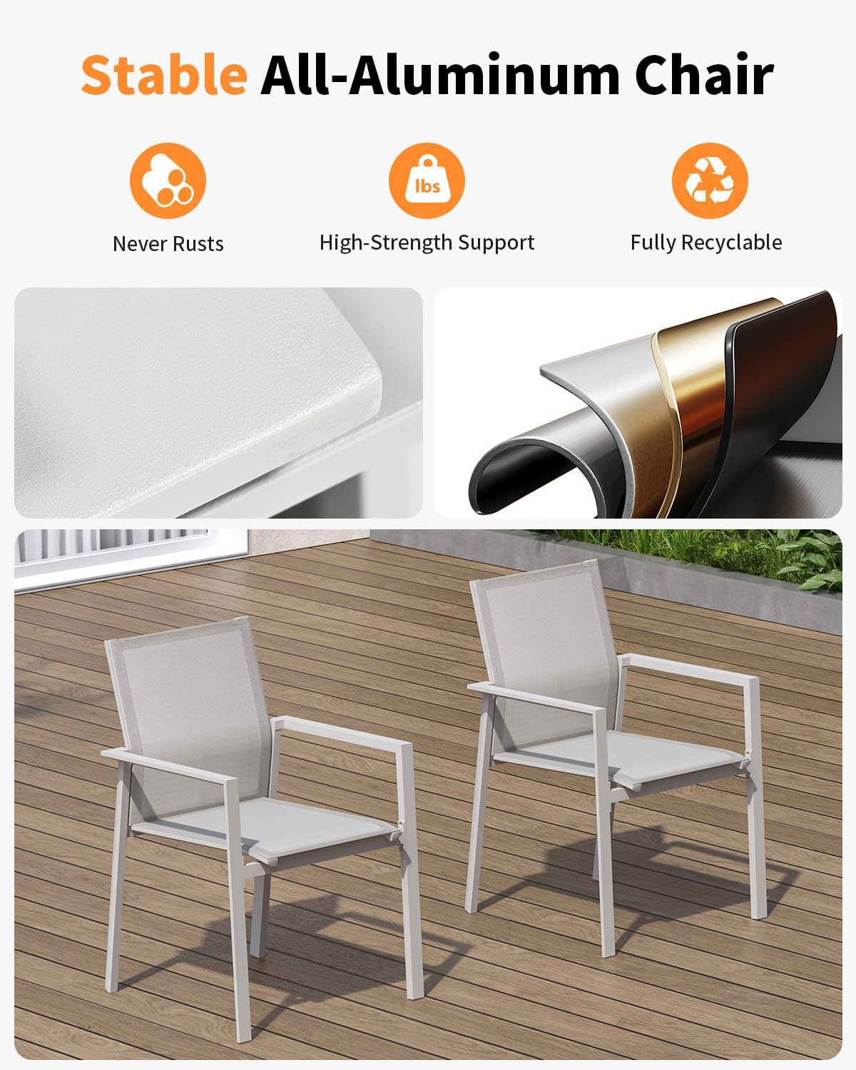 Stackable Patio Dining Chairs Set of 2, Never-Rust Aluminum Outdoor Dining Chairs Patio Chairs Set, Full-Wrap Textilene Stackable Dining Chairs with High Back for Deck, Lawn, Garden, Warm Gray