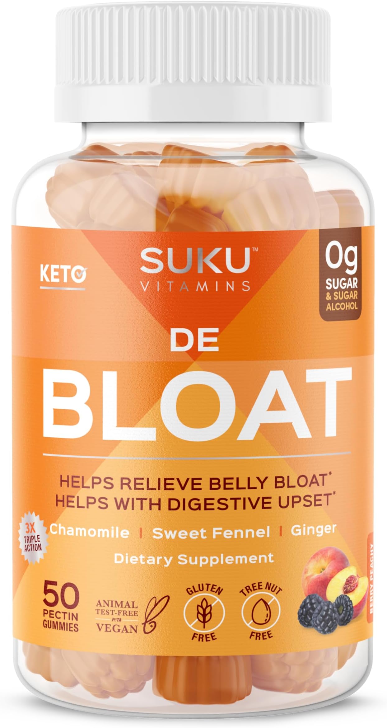 SUKU Debloat Digestive Gummies – Gas Relief & Gut Health Support with Ginger, Chamomile & Fennel – Vegan, Sugar-Free, Keto-Friendly Bloating Aid – Berry Peach Flavor – 50 Count