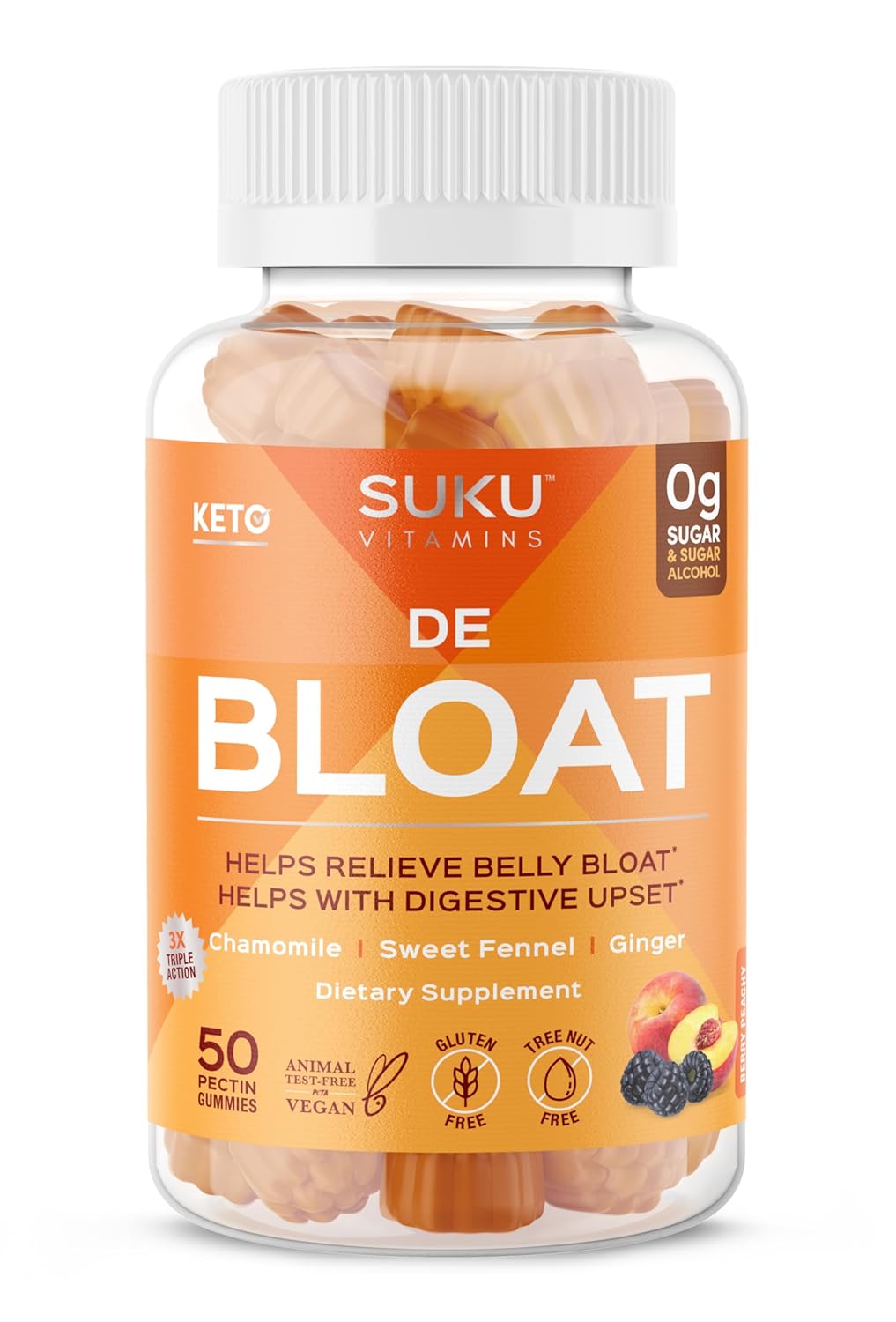 SUKU Gummies de Digestão Debloat – Alívio Rápido para Gases e Saúde Intestinal com Gengibre, Camomila e Funcho – Vegano, Sem Açúcar, Amigo da Keto – Sabor Frutas Silvestres e Pêssego